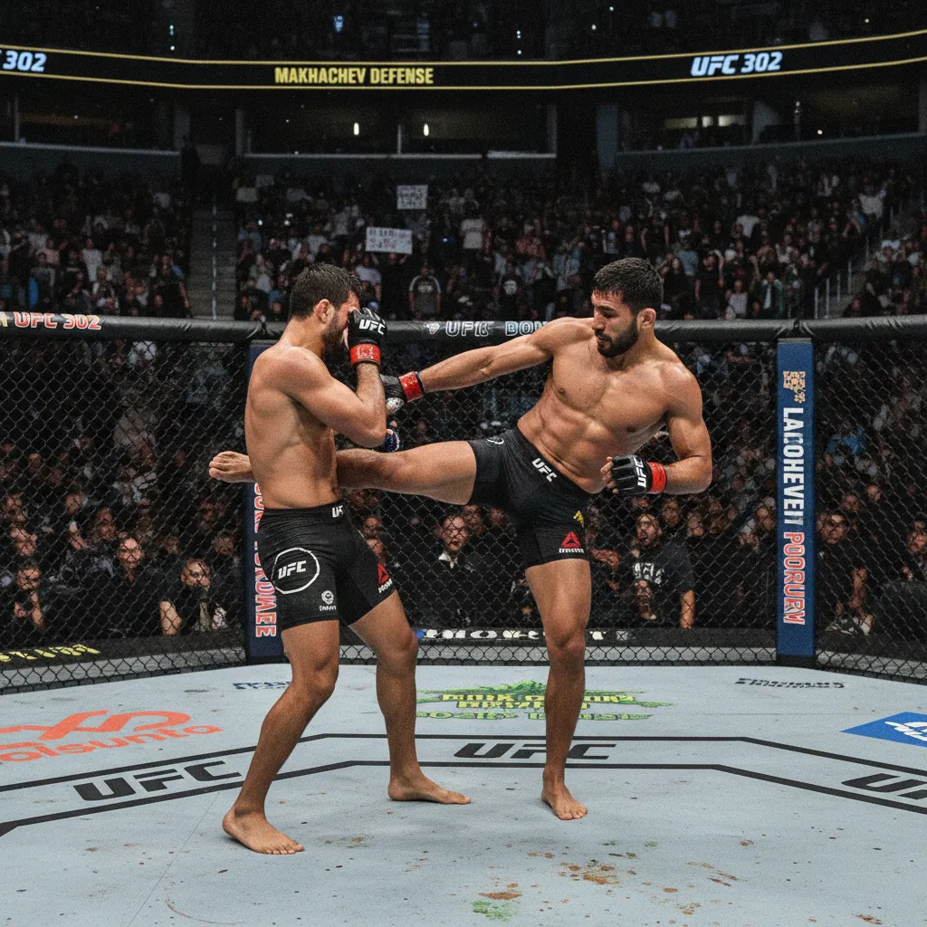 Islam Makhachev thực hiện đòn siết khóa trước Dustin Poirier